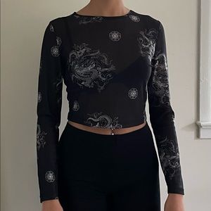Long Sleeve Mesh Dragon Print Top